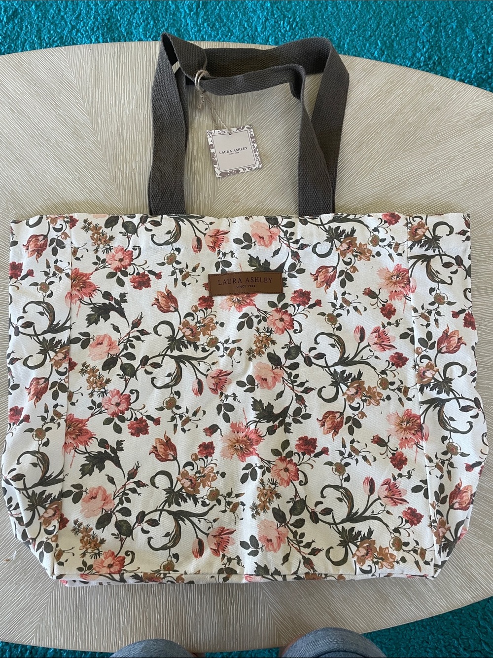 Laura Ashley Cream Floral Canvas Tote with Dark Handles